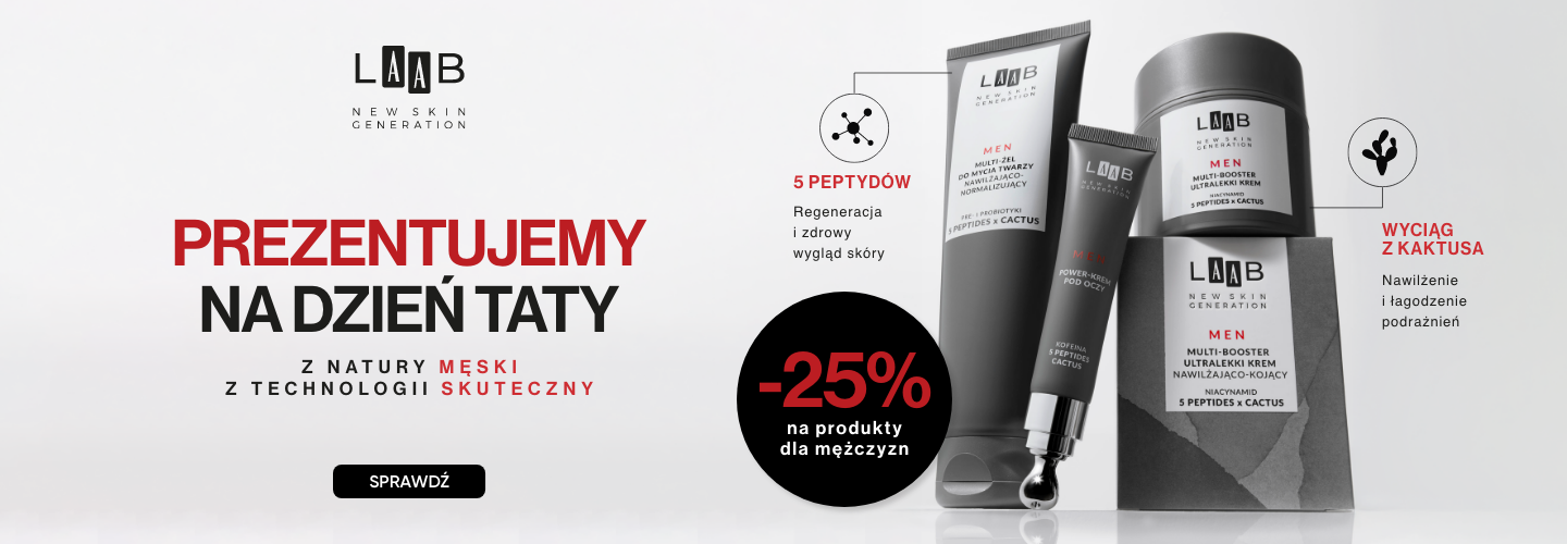Baner reklamowy marki AA LAAB z okazji Dnia Taty prezentujący męskie kosmetyki z linii MEN. Po lewej stronie widnieje duże hasło „PREZENTUJEMY NA DZIEŃ TATY: -25% na produkty dla mężczyzn” oraz czarny przycisk „SPRAWDŹ”.  Grafika wyróżnia dwa główne skład