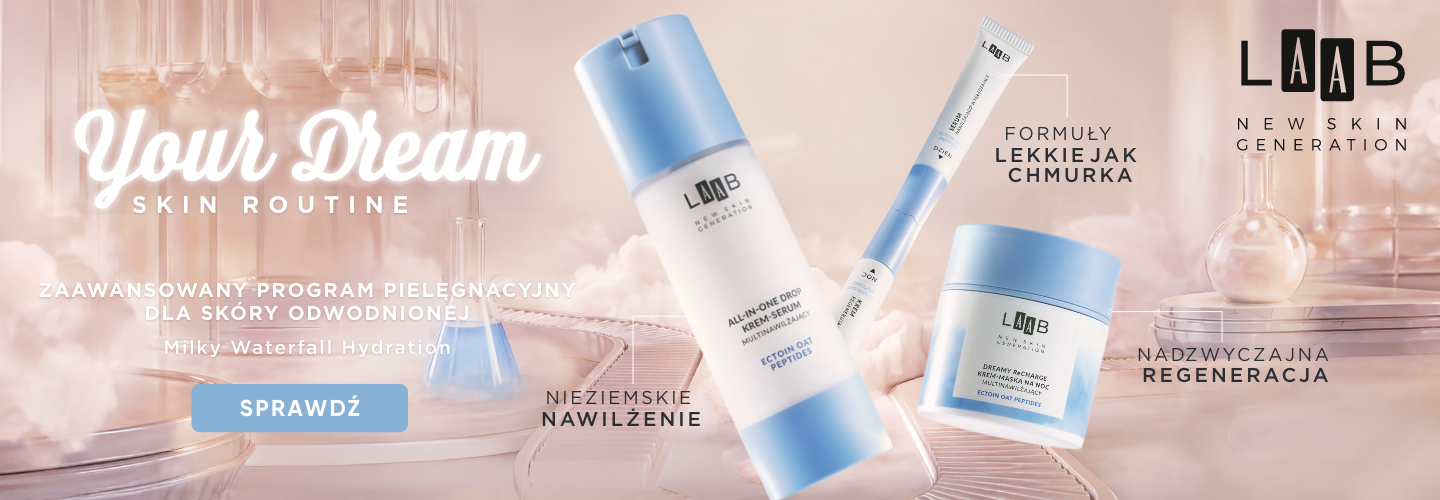Baner promujący linię AA LAAB Milky Waterfall Hydration. Przedstawia zaawansowany program pielęgnacyjny, który intensywnie nawilża i regeneruje skórę odwodnioną. Na tle chmur i laboratorium widać krem-serum, krem pod oczy oraz maskę na noc.