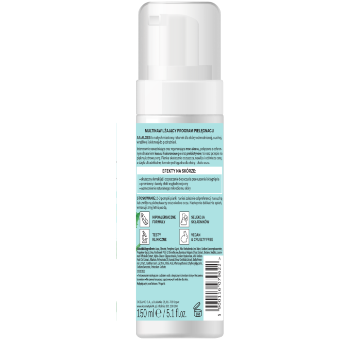 AA ALOES 100% aloe vera extract Pianka do demakijau i mycia twarzy  nawilajco - kojca 150 ml | Oceanic
