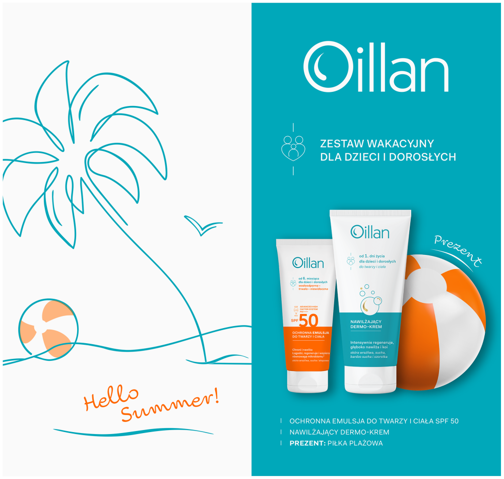 Zestaw wakacyjny OILLAN Ochronna emulsja do twarzy i ciała z filtrem SPF50 100 ml + Dermo-krem 200 ml + piłka plażowa